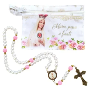 Floral Maria Passa A Frente Rosary with Zippered Pouch – White