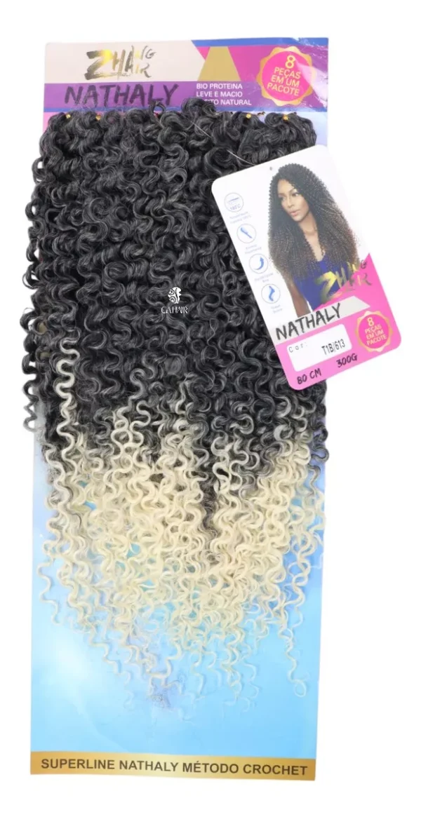 Bio Protein Nathaly Curly Hair 80 Cm 320 Gr Crochet Color Grayish Black with Platinum Californian T1B 613 - Image 2