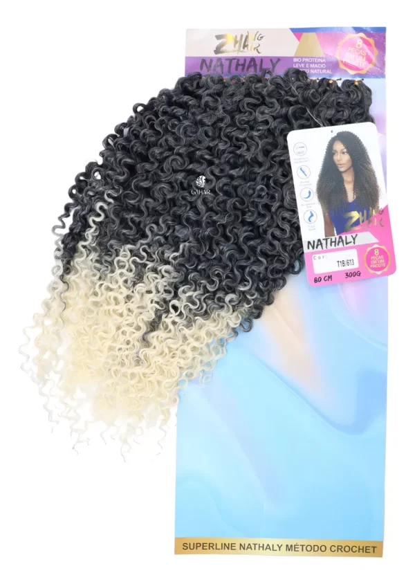 Bio Protein Nathaly Curly Hair 80 Cm 320 Gr Crochet Color Grayish Black with Platinum Californian T1B 613 - Image 3