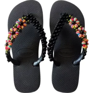 Havaianas Black Decorated with Beautiful Colorful Pearls